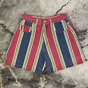 SOLD—Rare vintage Bongo 90s multicolor striped high waisted wide leg denim short